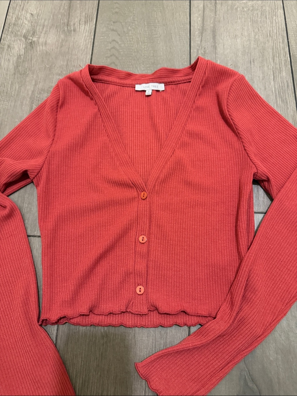 Love Tree Coral Ribbed Cropped Button-Front Top - Picture 2 of 8